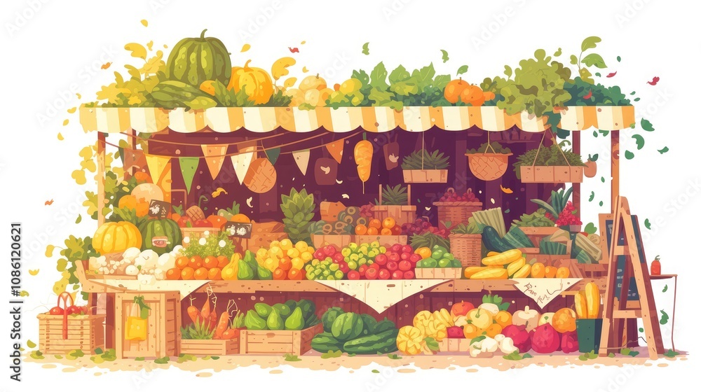A bustling farmers market stall filled with fresh fruits and vegetables under a sunny sky, showcasing colorful produce in wooden crates on a warm afternoon A bustling farmers market stall filled with fresh fruits and vegetables under a sunny sky, showcasing colorful produce in wooden crates on a warm afternoon