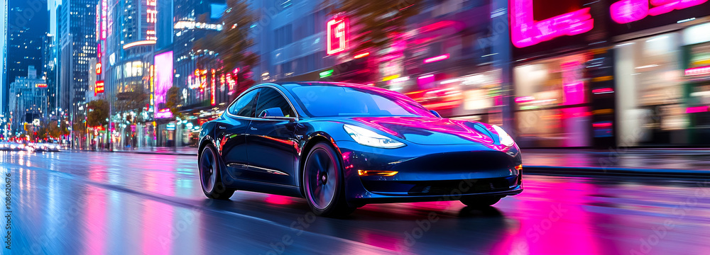 A car is driving down a city street with neon lights in the background. A car is driving down a city street with neon lights in the background.