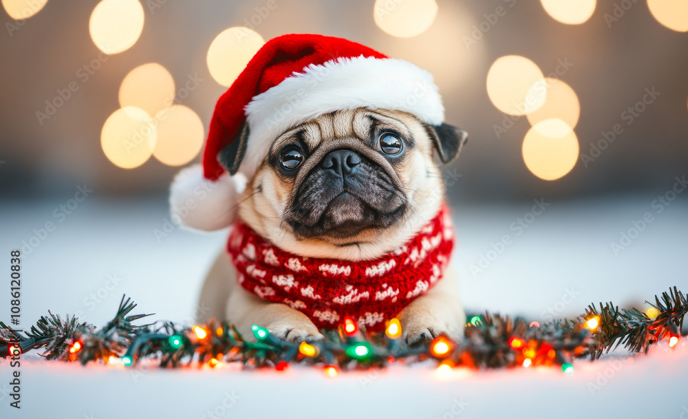 A pug dog is wearing a red Santa hat and a red scarf. The dog is laying on a Christmas tree with lights A pug dog is wearing a red Santa hat and a red scarf. The dog is laying on a Christmas tree with lights