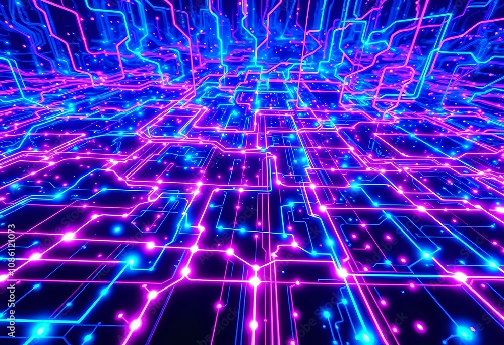 Neon Cyberpunk Cityscape with Interconnected Nodes Neon Cyberpunk Cityscape with Interconnected Nodes