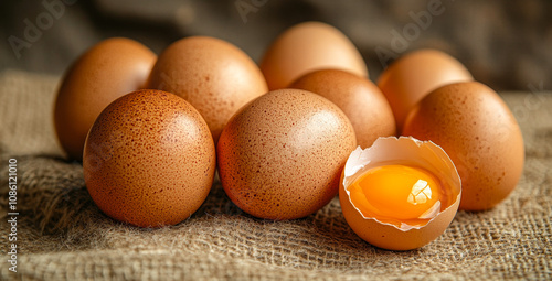 A dozen eggs with one cracked open. The cracked egg is surrounded by the other eggs, which are all whole photo