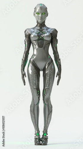 Futuristic Alien Female Character with Metallic Silver Skin and Green Eyes in Stylish Outfit on Isolated White Background - Ultra-Detailed 3D Model