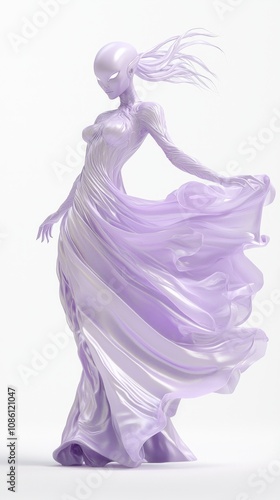 Elegant Lavender Alien Female 3D Character in Zero Gravity Dress on White Background, Ultra-Detailed Concept Art