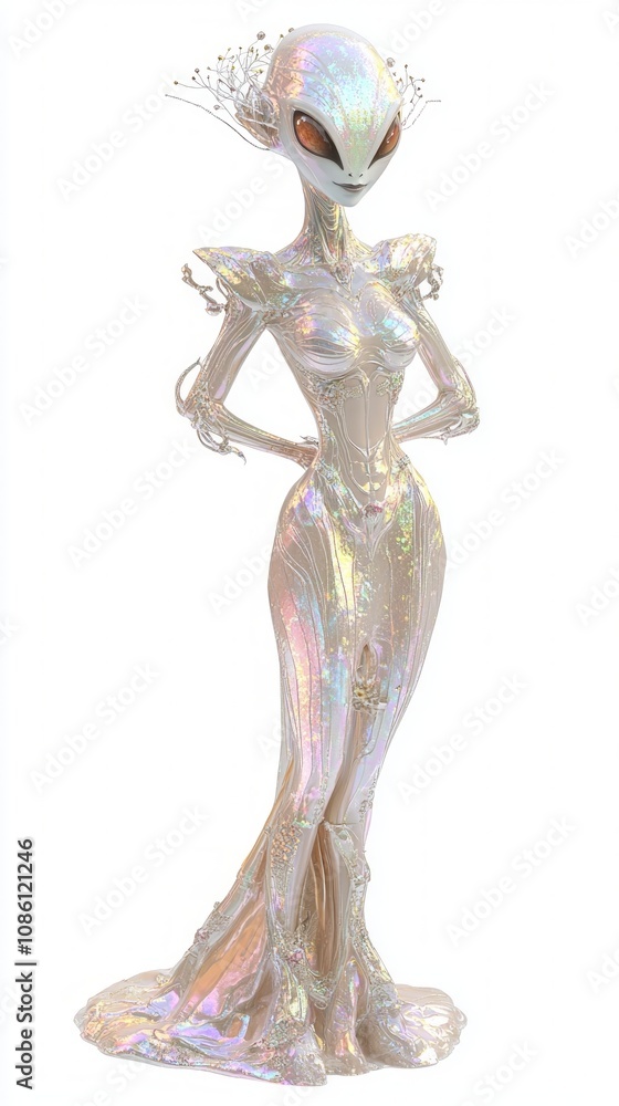 Naklejka premium Extraterrestrial Elegance - Ultra-Detailed 3D Alien Female Character in Shimmering Cosmic Dress on White Background