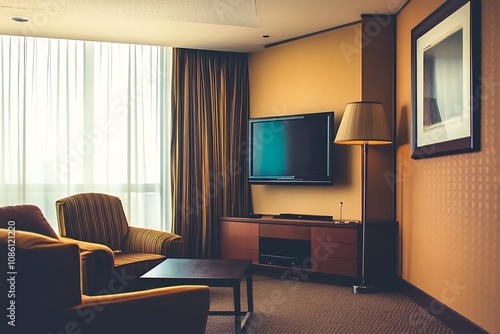 Luxury Hotel Room Interior with TV and Comfortable Seating