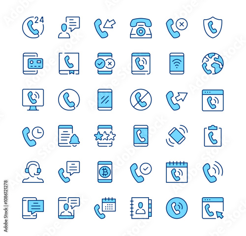 Phone icons. Outline symbols. Vector blue line icons set