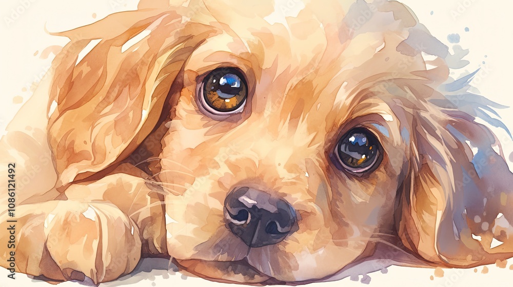 A small, adorable golden puppy rests on a soft surface, showcasing its big, expressive eyes and fluffy fur A small, adorable golden puppy rests on a soft surface, showcasing its big, expressive eyes and fluffy fur