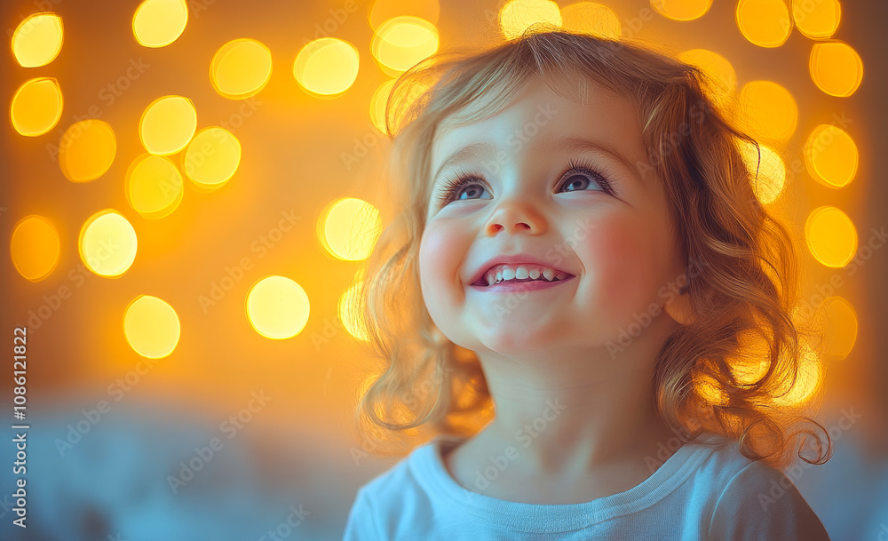 A young girl with blonde hair and a white shirt is smiling and looking up at the camera. Concept of innocence and happiness, as the child appears to be enjoying a moment of joy A young girl with blonde hair and a white shirt is smiling and looking up at the camera. Concept of innocence and happiness, as the child appears to be enjoying a moment of joy