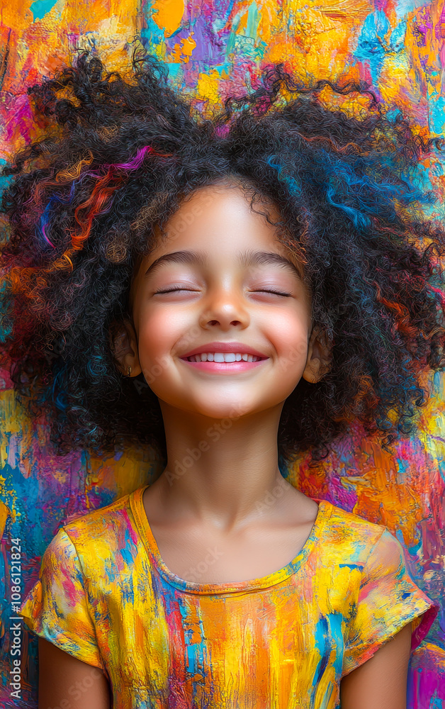 Fototapeta premium A young girl with colorful hair is smiling and looking at the camera. She is wearing a yellow shirt and is laying down on a colorful background. Scene is cheerful and happy