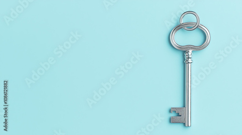 Shiny silver key resting on a light blue background, symbolizing security and access to hidden doors or treasures