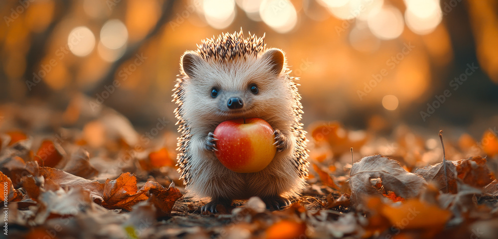 A cute little hedgehog holding an apple in its mouth. The image has a playful and lighthearted mood, as the hedgehog is not a typical animal to be seen holding an apple A cute little hedgehog holding an apple in its mouth. The image has a playful and lighthearted mood, as the hedgehog is not a typical animal to be seen holding an apple