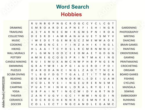 Word search puzzle vector (Word find game) illustration. Hobbies