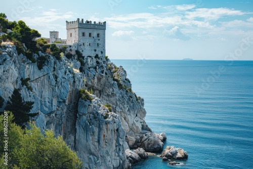 A historic castle on a cliff overlooking the ocean during a cloudy afternoon near the coast, revealing stunning coastal views and dramatic skies photo