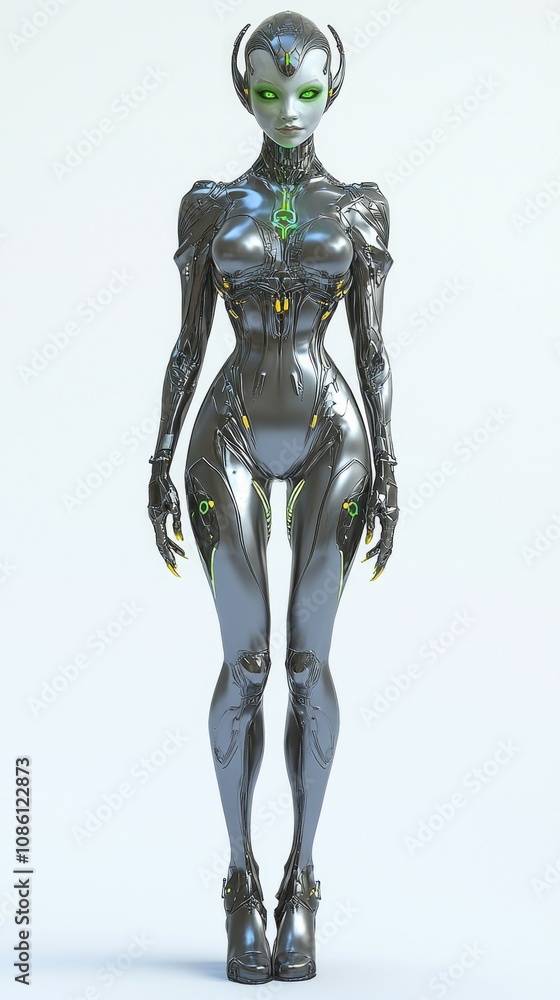Futuristic Alien Female Character with Metallic Silver Skin and Green Eyes in Stylish Outfit on White Background Futuristic Alien Female Character with Metallic Silver Skin and Green Eyes in Stylish Outfit on White Background