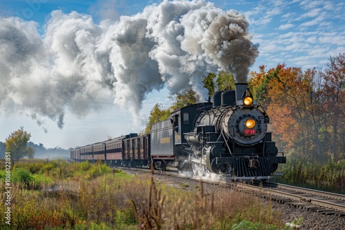 Classic steam locomotive traveling through a scenic countryside with dramatic clouds, creating a nostalgic atmosphere in the early evening