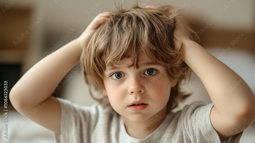 Toddler boy with blond hair, holding his head, looking at camera with a concerned expression. Toddler boy with blond hair, holding his head, looking at camera with a concerned expression.