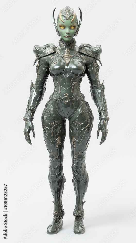 Futuristic Strong Female Alien Warrior in Bold Metallic Armor Suit on Isolated White Background - Ultra-Detailed 3D Model Futuristic Strong Female Alien Warrior in Bold Metallic Armor Suit on Isolated White Background - Ultra-Detailed 3D Model