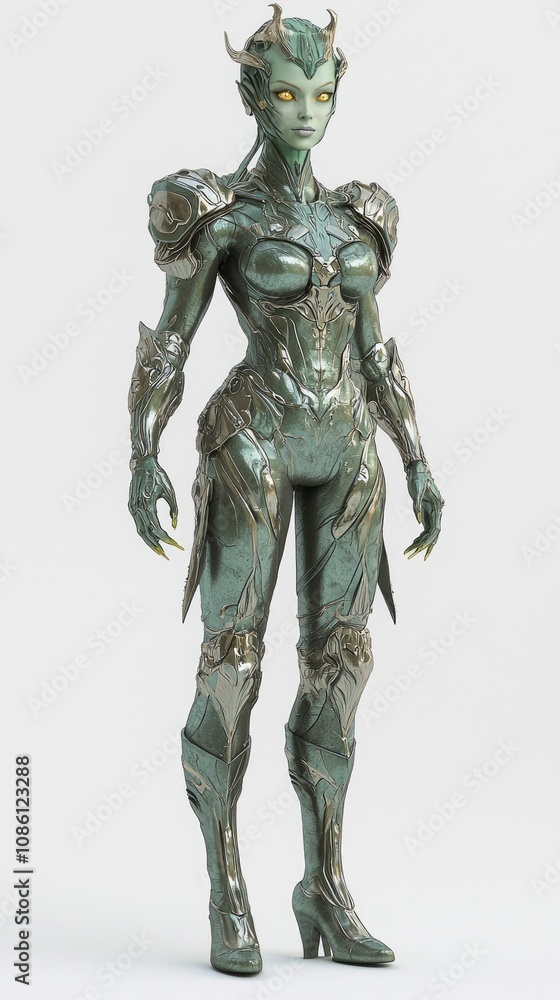 Futuristic Alien Female Character in Robust Metallic Green Armor Suit on Isolated White Background - Ultra-Detailed 3D Model Futuristic Alien Female Character in Robust Metallic Green Armor Suit on Isolated White Background - Ultra-Detailed 3D Model