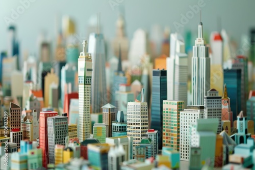 Colorful miniature cityscape with detailed buildings and structures in vibrant hues, showcasing urban life and architecture in a playful arrangement photo