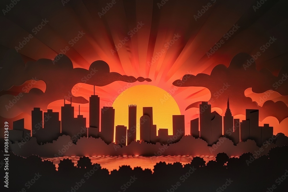 Sunset over a city skyline with silhouette of buildings, mountains, and trees under a vibrant orange sky featuring scattered birds in flight Sunset over a city skyline with silhouette of buildings, mountains, and trees under a vibrant orange sky featuring scattered birds in flight