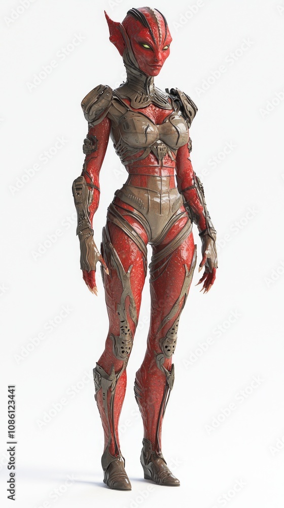 Futuristic Alien Female Character with Vivid Red Skin and Athletic Build in Ultra-Detailed 3D Rendering on White Background Futuristic Alien Female Character with Vivid Red Skin and Athletic Build in Ultra-Detailed 3D Rendering on White Background