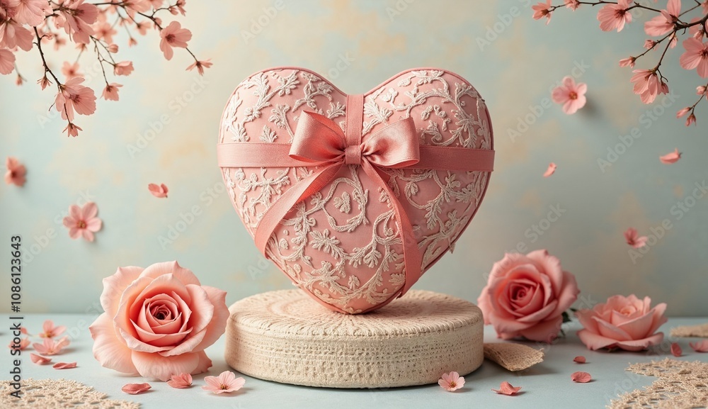 Decorative heart-shaped gift box adorned with lace and ribbon surrounded by roses and cherry blossoms Decorative heart-shaped gift box adorned with lace and ribbon surrounded by roses and cherry blossoms