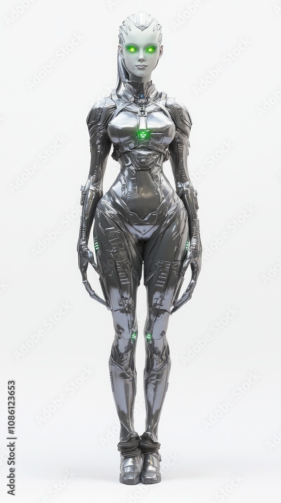 Futuristic Alien Female Character with Metallic Silver Skin and Green Eyes on Isolated White Background. Futuristic Alien Female Character with Metallic Silver Skin and Green Eyes on Isolated White Background.