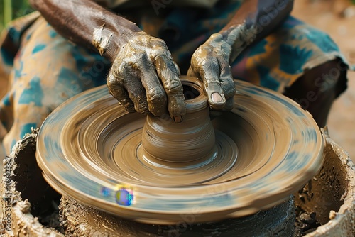 Crafting a beautiful pottery piece at a local studio during the afternoon with skilled hands shaping wet clay on a spinning wheel