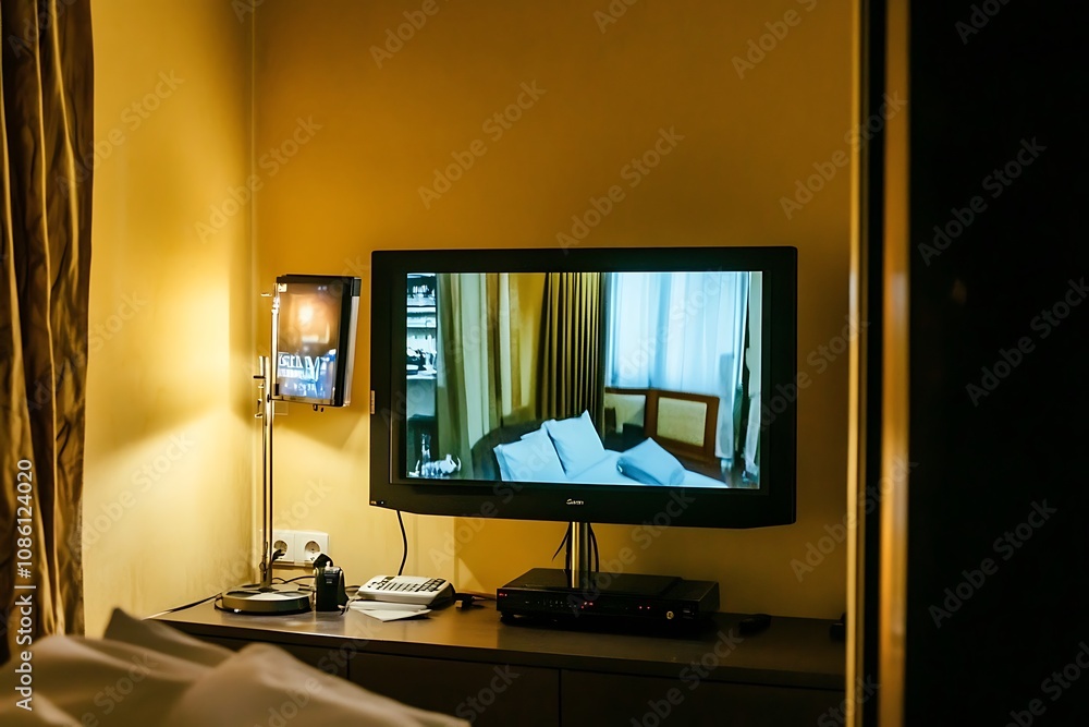 Fototapeta premium Television screen showing bedroom interior. Home entertainment concept.