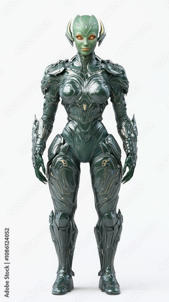 Futuristic Alien Female Warrior in Metallic Green Armor Suit - Detailed 3D Render on White Background