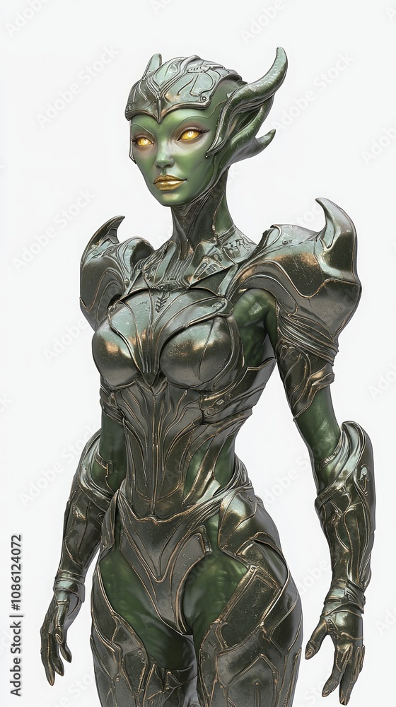Futuristic Alien Female Warrior in Elegant Armor Suit - Ultra-Detailed 3D Render with Metallic Green Skin and Bold Hairstyle on White Background Futuristic Alien Female Warrior in Elegant Armor Suit - Ultra-Detailed 3D Render with Metallic Green Skin and Bold Hairstyle on White Background