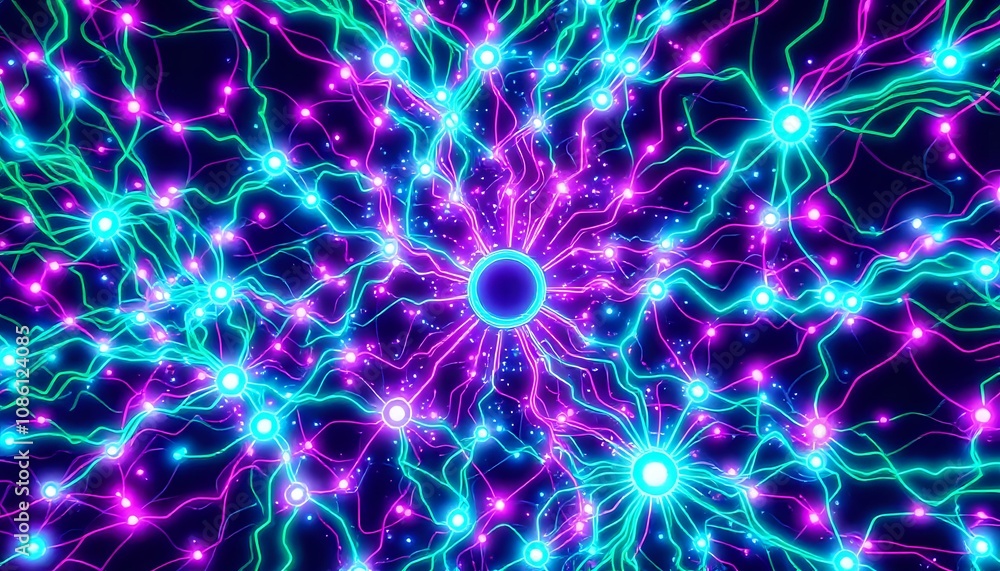 Obraz premium Neon Cyberpunk Data Visualization - Glowing Circles & Lines on Dark Background