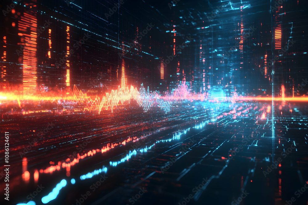 audio wave design over a dark abstract background with glowing neon elements . illustration audio wave design over a dark abstract background with glowing neon elements . illustration