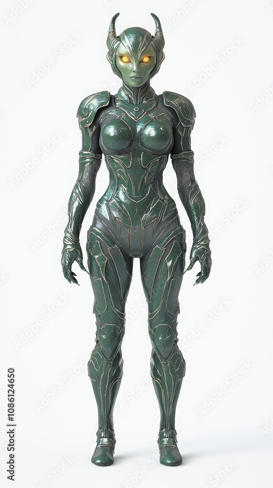 Futuristic Alien Female Warrior in Metallic Green Armor Suit on Isolated White Background, Ultra-Detailed 3D Render Futuristic Alien Female Warrior in Metallic Green Armor Suit on Isolated White Background, Ultra-Detailed 3D Render