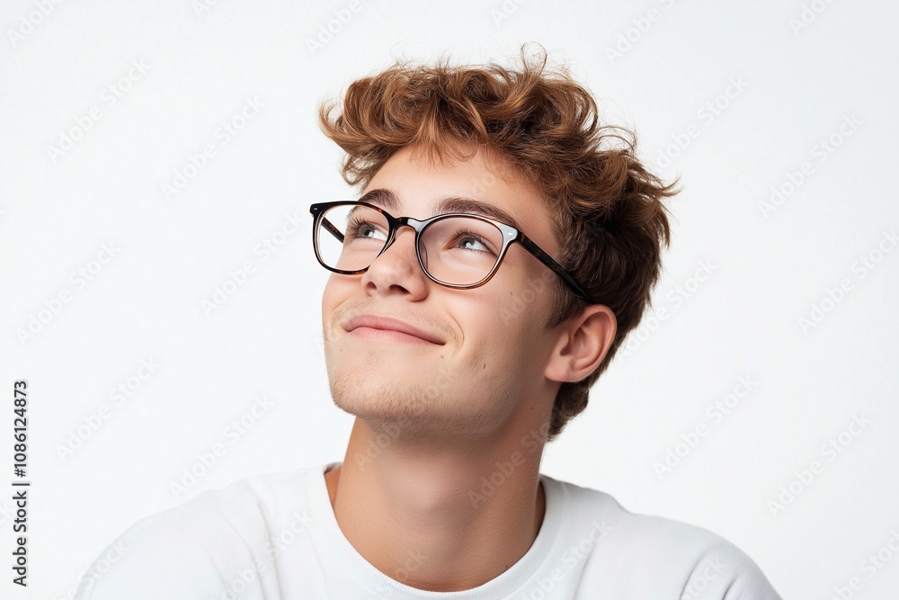 Happy smiling young adult man wearing luxury stylish eyeglasses looking away isolated on white background. advertising glasses or optics store promotion. Happy smiling young adult man wearing luxury stylish eyeglasses looking away isolated on white background. advertising glasses or optics store promotion.