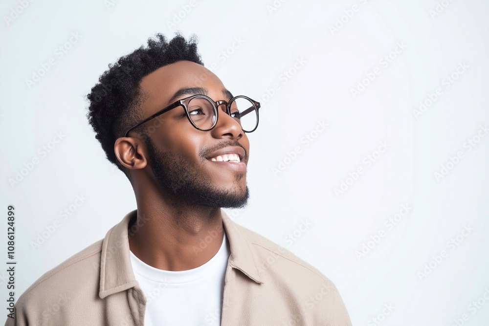 Fototapeta premium Happy smiling young adult African American man wearing luxury stylish eyeglasses looking away isolated on white background. advertising glasses or optics store promotion.