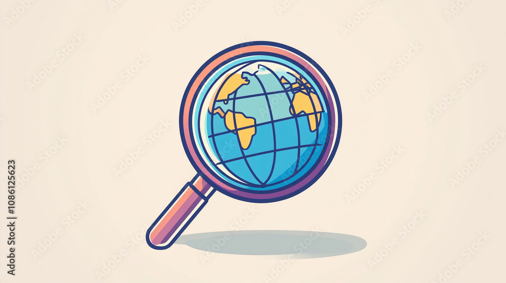 A cartoon magnifying glass enlarges a simple globe illustration A cartoon magnifying glass enlarges a simple globe illustration