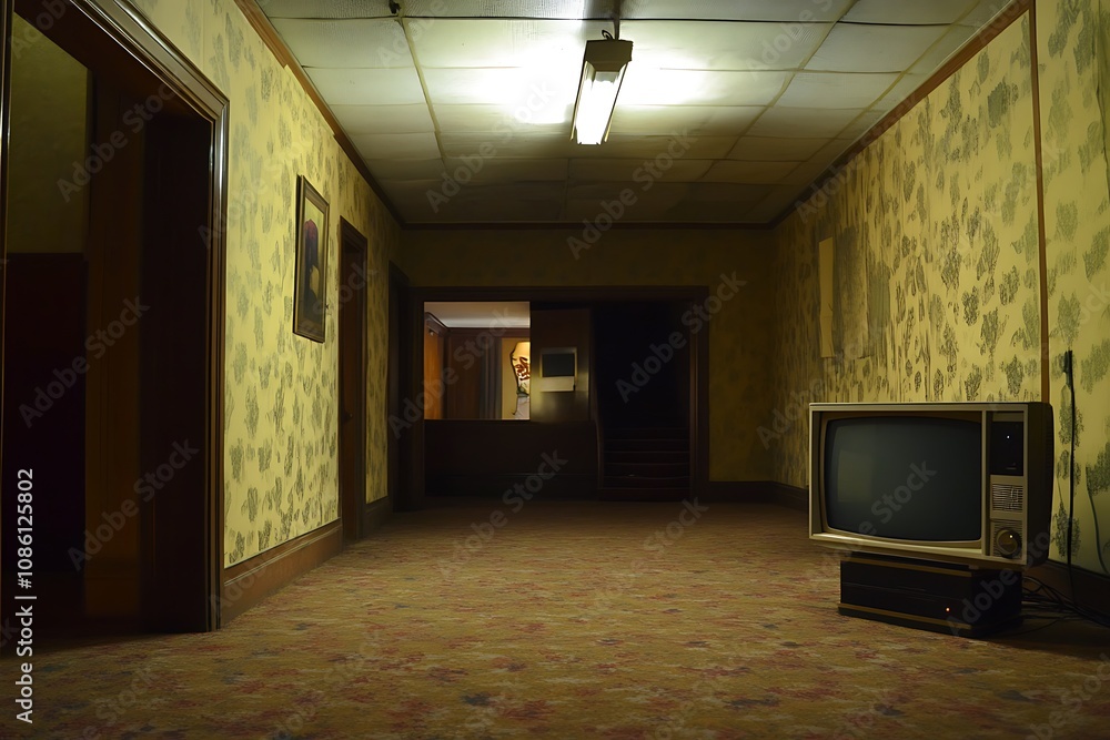 Abandoned Hallway with Retro TV