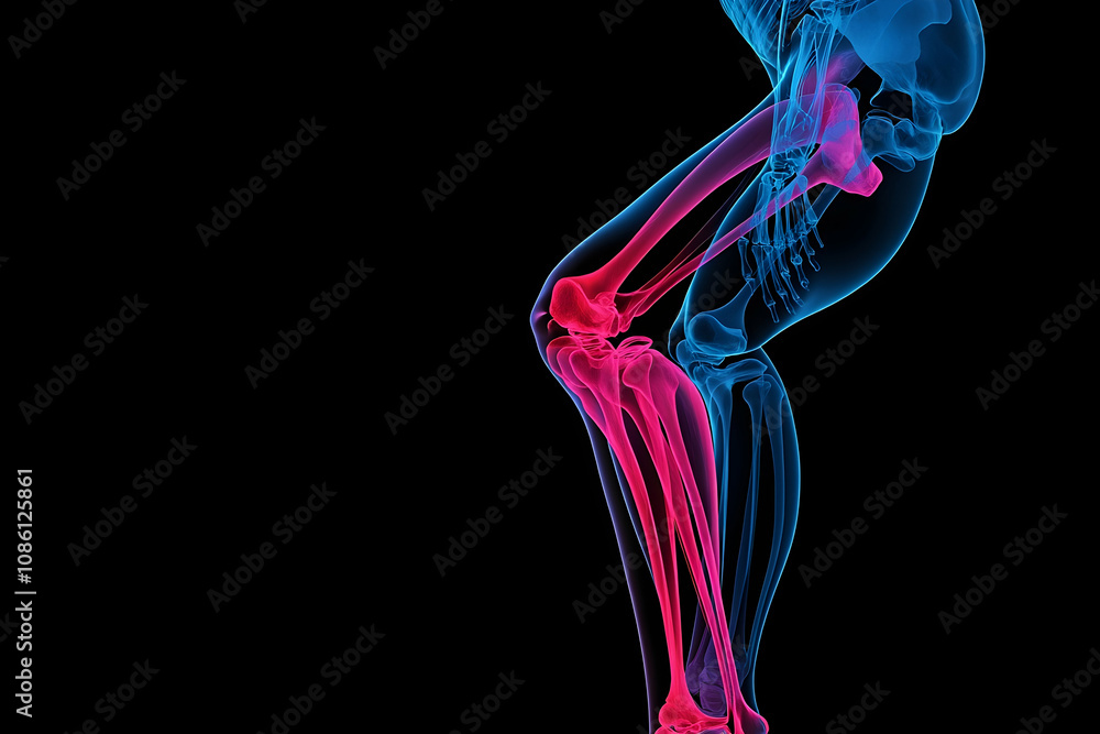 Detailed X-ray image showcasing knee joint issues against a stark black background Detailed X-ray image showcasing knee joint issues against a stark black background