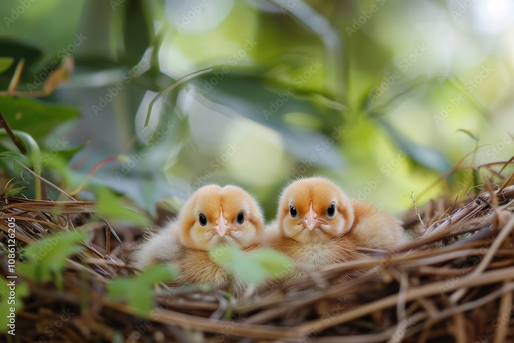 Two adorable baby birds resting together in a cozy nest surrounded by green leaves in a tranquil setting during daylight Two adorable baby birds resting together in a cozy nest surrounded by green leaves in a tranquil setting during daylight
