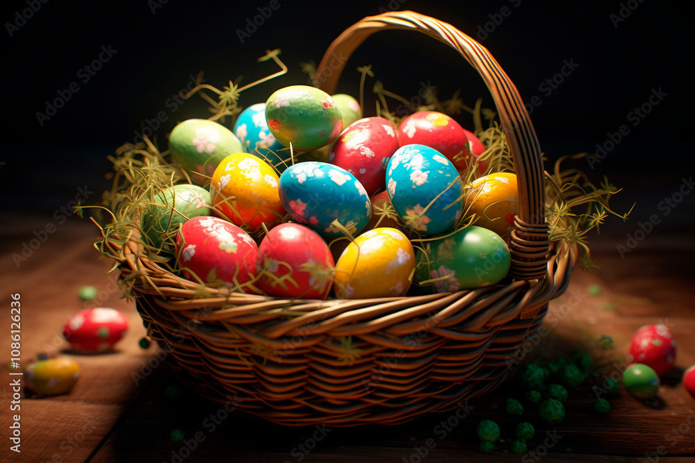 Happy easter, Easter painted eggs in basket on wooden rustic table. Traditional Easter basket Happy easter, Easter painted eggs in basket on wooden rustic table. Traditional Easter basket