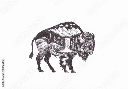 Black and white pen and ink drawing of a bison, composed of different nature elements
