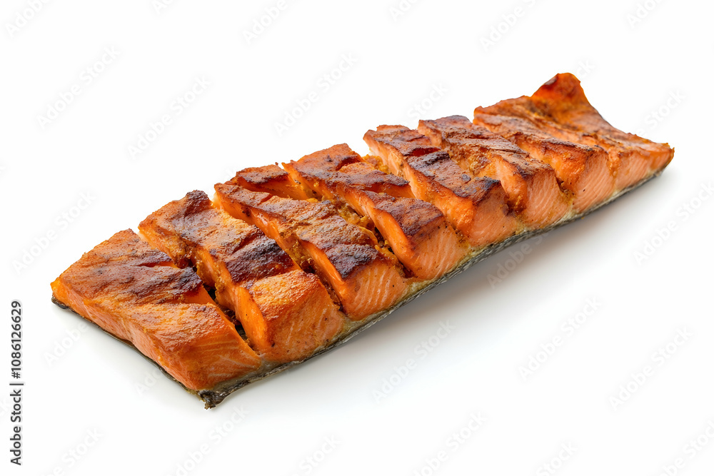 Grilled salmon fillet with crisp textures isolated on a white surface . illustration Grilled salmon fillet with crisp textures isolated on a white surface . illustration