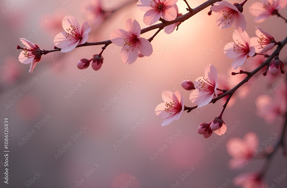 Pink Cherry Blossom Branch in Soft Sunset Light Pink Cherry Blossom Branch in Soft Sunset Light