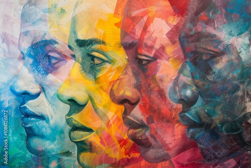 A vibrant artwork depicting three female faces with closed eyes, showcasing colorful abstract styles and emotional depth, created in a contemporary art studio