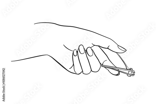 Outline of a well manicured hand holding nail clippers to trim nails vector illustration