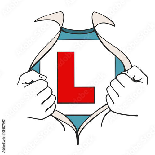 Superhero style shirt reveal with two hands tearing open a shirt showing an L Plate for new learner driver in line art vector style