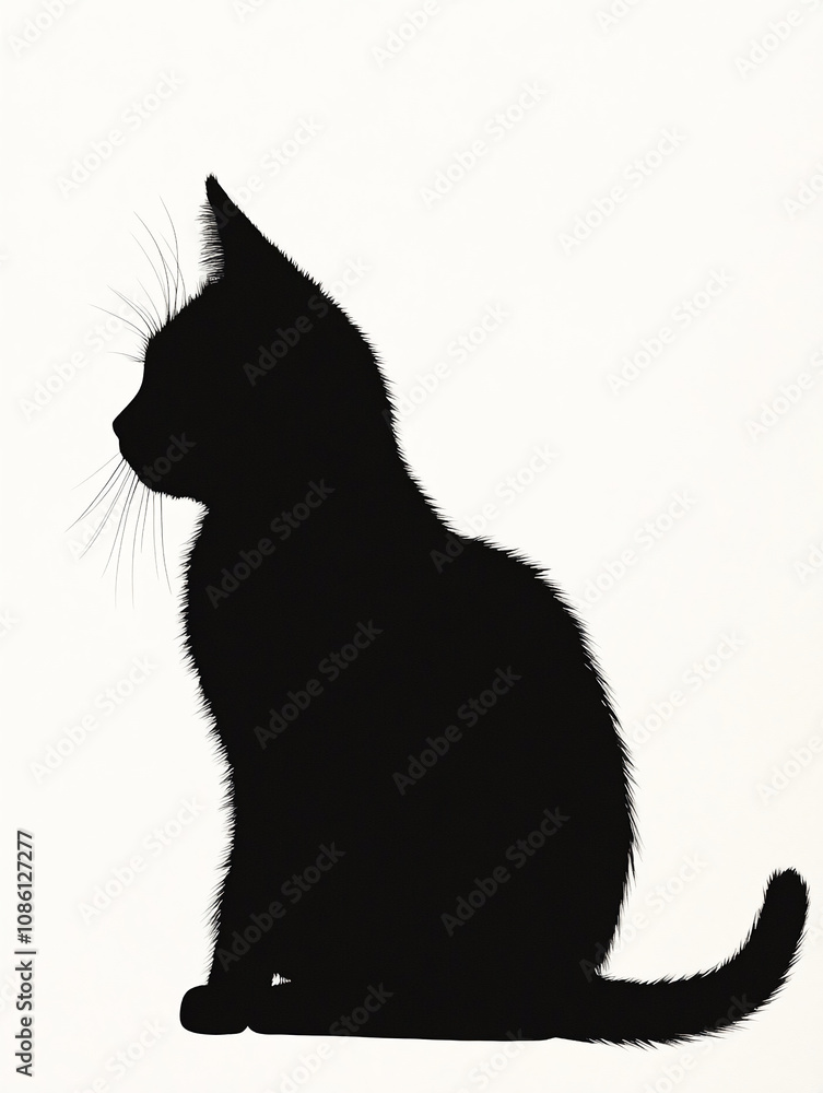 A black cat silhouette is shown sitting on a white background A black cat silhouette is shown sitting on a white background