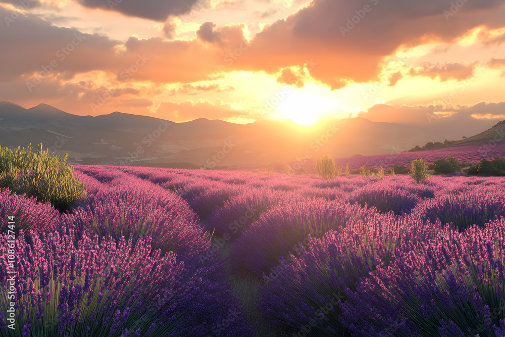 Lavender field glowing under a setting sun Lavender field glowing under a setting sun
