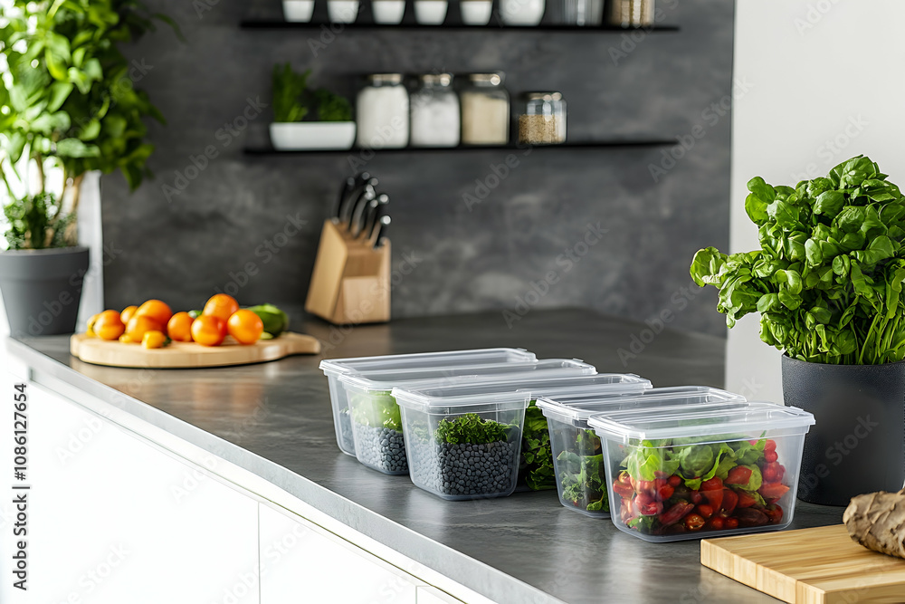 Meal prep containers neatly arranged on a sleek modern kitchen counter Meal prep containers neatly arranged on a sleek modern kitchen counter